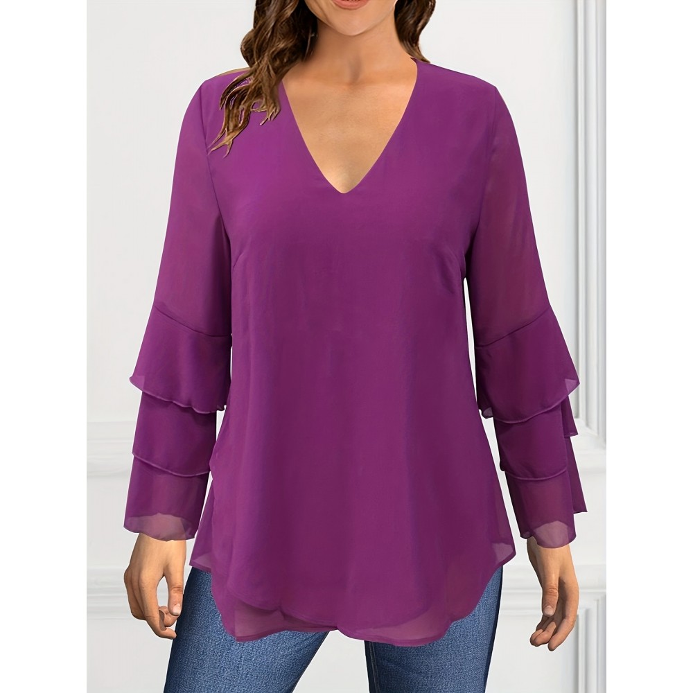 Plus Size, Women's Plus Size Elegant V-Neck Blouse - Chic Multi-Tiered Cake Sleeve Shirt, Flowy Formal & Everyday Tops for Parties, Dinners, Office - Machine Washable Women's Clothing, Party Attire, Rich Color Fabric