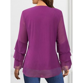 Plus Size, Women's Plus Size Elegant V-Neck Blouse - Chic Multi-Tiered Cake Sleeve Shirt, Flowy Formal & Everyday Tops for Parties, Dinners, Office - Machine Washable Women's Clothing, Party Attire, Rich Color Fabric