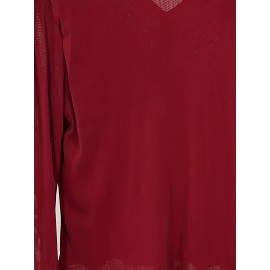 Plus Size - Elegant V-Neck Blouse with Ruched Detail - Long Sleeve, Solid Brown, Medium Stretch Fabric, Perfect for Evening Outfits, Ladies Blouses