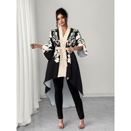 [Plus Size Blouse] Elegant Plus Size V-Neck Floral Print Blouse | Black and White, Non-Stretch Fabric, Perfect for All Seasons, Tie Waist and Puff Sleeves, Ladies