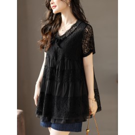 Plus Size - Summer Women'S Lightweight Breathable V-Neck Contrast Lace Blouse - Long Sleeve Longline Top with Ruffled Hem, Elegant Solid Color for Casual & Formal Wear, Versatile Fashion, Sophisticated Detailing