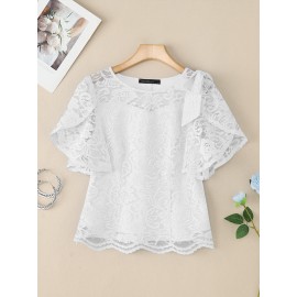 Plus Size, ZANZEA Women's Elegant Lace Patchwork Blouse - Short Sleeve Lace Collar & Sleeve Trim, Semi-Sheer Lace Panel Lightweight Summer Wedding Guest Dress Shirt, Plus Size Round Neck Blouse () for Party, Office, Casual - Machine