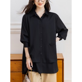 Plus Size, BOHC Women's Oversized Tunic Shirt - Longline Collar Blouse with Button Front Closure, Solid Black Floor-Length or Above-Knee Length Options, Structured Fit for Spring/Fall Casual & Formal Wear, Minimalist Elegant Blouse for Women (Hand Wash/Dry Clean) - New Relaxed Fit Tunic with Button-Up Front, Smooth Texture & Solid Color Design, Suitable for Layering or Standalone Wear, Clothes for Women, Plus Size Lace Blouse, Blouses for Women High Quality,
