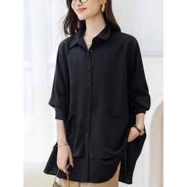 Plus Size, BOHC Women's Oversized Tunic Shirt - Longline Collar Blouse with Button Front Closure, Solid Black Floor-Length or Above-Knee Length Options, Structured Fit for Spring/Fall Casual & Formal Wear, Minimalist Elegant Blouse for Women (Hand Wash/Dry Clean) - New Relaxed Fit Tunic with Button-Up Front, Smooth Texture & Solid Color Design, Suitable for Layering or Standalone Wear, Clothes for Women, Plus Size Lace Blouse, Blouses for Women High Quality,