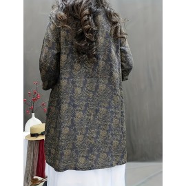 Plus Size, Women's Elegant V-Neck Long Sleeve Blouse - Olive Green & Beige Abstract Floral Print, Loose Fit Soft Lightweight Shirt with V-Neck & Slit Hem, All-Season Casual to Semi-Formal Blouse for Everyday & Formal Wear, Machine Washable (Green/Beige) - Relaxed Fit with Digital Print, Structured Collar & Open Hem, Suitable for Layering, Versatile for Casual or Formal Outfits, Plus Size Women Blouses, Plus Size Women Tops, Blouses For Women Plus Size,