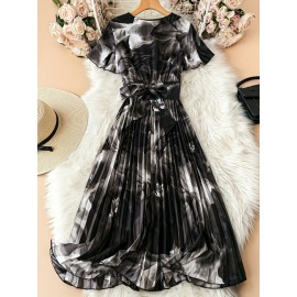 Elegant V-Neck Short Sleeve Floral Print Pleated Dress with Belt - Polyester, Black/White/Gray, Spring/Autumn, Casual & Semi-Formal Occasions, Cute Dresses