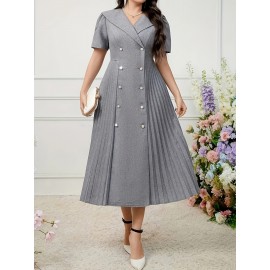 Elegant Pleated Midi Dress, Polyester 95% Spandex 5% Blend, Short Sleeve Tunic with Contrast Lapel Collar, Loose Fit Solid Color, Non-Stretch Fabric, Spring/Summer Casual Weekend Wear