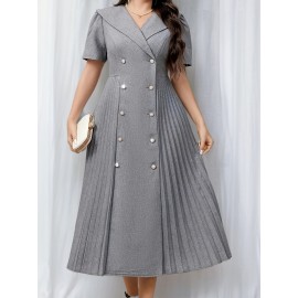 Elegant Pleated Midi Dress, Polyester 95% Spandex 5% Blend, Short Sleeve Tunic with Contrast Lapel Collar, Loose Fit Solid Color, Non-Stretch Fabric, Spring/Summer Casual Weekend Wear