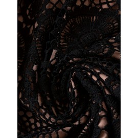 Plus Size, Women's Elegant Short Sleeve Round Neck Lace Detail A-Line Midi Dress with Button Front Closure & Elastic Waist - Machine Washable Solid Color Plus Size Party & Casual Dress