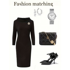 Plus Size - Plus Size, Women'S Elegant Plus Size Formal & Everyday Dress - Long Sleeve Round Neck Solid Color Red Dress with Lapel Collar, Machine Washable Winter Fall Outfits, Dresses For Women Plus Size