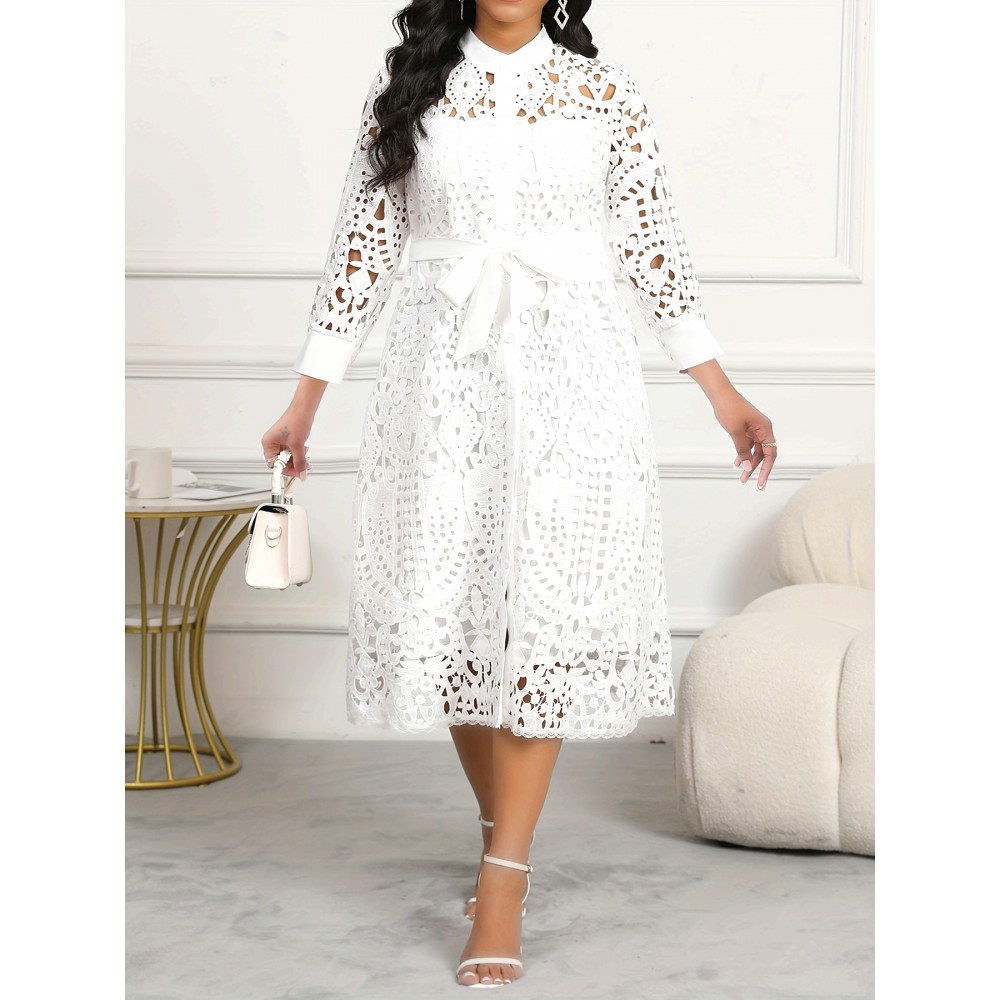 Elegant White Lace Midi Dress with 3/4 Sleeves and Belt Detail, Button-Up Front, Breathable Fabric, Perfect for Casual or Semi-Formal Occasions, Lace Dress, Occasion Wear, Nontransparent Fabric