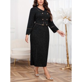 Plus Size, New Autumn Winter Middle East Directional Elegant Temperament Double-breasted Design Dress Plus Size
