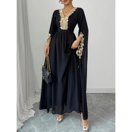Plus Size, New Women's Elegant Arab Saudi Gown - Batwing Sleeves V-Neck Long Dress with Golden Appliqué & Lace-Like Trim, Floor-Length A-Line Silhouette in Navy Blue, Machine Washable for Weddings, Parties, Formal Events (Plus Size Available) - Spring Summer Fall Outfits, Highquality Fabric, Delicate Embroidery, Modest Fashion
