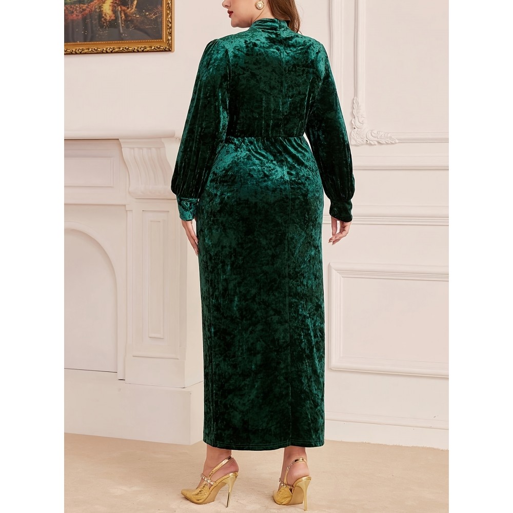 Plus Size - Autumn Winter Women'S Slim Fit Long Sleeve Velvet Dress - Stand Collar Solid Color Ruched Bodycon Pencil Skirt, Large Size Formal Party Evening Dress, Evening Wear, Elegant Design, Highquality Material