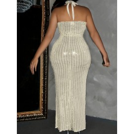 Plus Size Women's Sleeveless Halter Neck Sequin Dress - Elegant Bodycon Summer Party Dress with High Slit, Hand Wash Only, Formal Occasion Attire | Stretchy Fabric Gown
