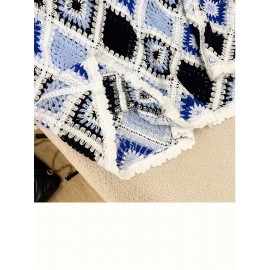 Plus Size - Women'S Bohemian Style Crochet Top - Lightweight Hollow Round Neck Sweater with Blue & Black Color Block Design, Long Sleeve Pullover for Fall/Winter