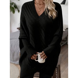 Women's Elegant V-Neck Batwing Sleeve Sweater, Soft Stretchy Long Sleeve Pullover Loose Fit, All-Season Layering Top for Casual & Formal Outfits, Versatile Clothing Comfortable Wear, Office Attire Stylish Knitwear, Plus Size