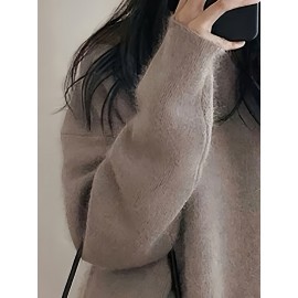 Plus Size, Women's Elegant Oversized Beige/Brown Sweater Coat - Soft Round Neck Collar Pullover, Winter Warm Blazer-like Jacket for Casual & Professional Wear, Hand Washable Fall/Winter Outerwear (No Pattern)