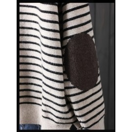 Plus Size, Plus Size Women's Elegant Oversized Hooded Sweater - Beige & Black White Striped Cardigan Jacket, Soft -like Texture Pullover for Spring/Fall Layering, Casual to Dressy Wear (No)