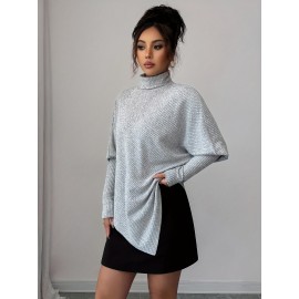 Plus Size, Plus Size Women's Oversized Winter Sweater - Elegant High Neck Batwing Sleeve Pullover, Soft Grey Tunic Top, Cozy Long Sleeve Blouse for Fall & Winter Layering (Machine Washable)