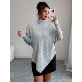Plus Size, Plus Size Women's Oversized Winter Sweater - Elegant High Neck Batwing Sleeve Pullover, Soft Grey Tunic Top, Cozy Long Sleeve Blouse for Fall & Winter Layering (Machine Washable)