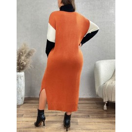 Plus Size, Women's Oversized High-Neck Sweater Dress - Casual Elegant Color Block (Olive Green/Black/White) A-Line Silhouette with Long Sleeves, Cozy Fall Winter & Spring Layering Dress for Plus Size Women, Hand Washable