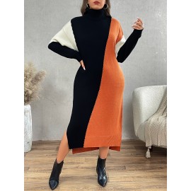 Plus Size, Women's Oversized High-Neck Sweater Dress - Casual Elegant Color Block (Olive Green/Black/White) A-Line Silhouette with Long Sleeves, Cozy Fall Winter & Spring Layering Dress for Plus Size Women, Hand Washable