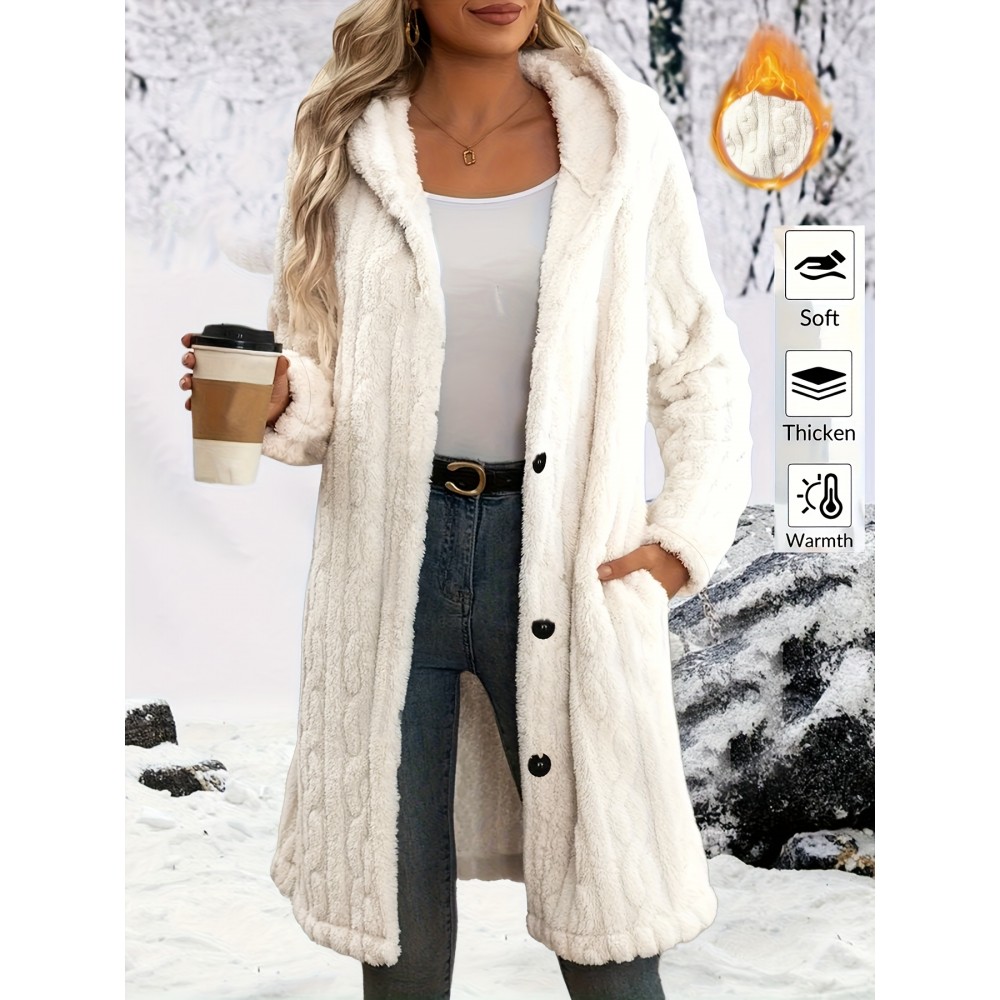 Plus Size - Women'S Elegant Fleece-Lined Hooded Coat - Long Winter Coat with Front Button Closure, Non-Stretchy Fabric, Chic Cold Weather Outerwear for Fall & Winter