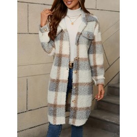 [Faux Fur Coat] Women's Casual Plaid Faux Fur Coat with Button Front & Lapel Collar - Machine Washable All-Season Outerwear Beige/White/Brown/Gray/Black, Casual Attire, Stylish Jacket, Cozy Fabric, Buttonup Jacket, Fashion Lovers
