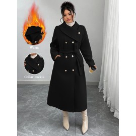 [Women's Outerwear] Plus Size Elegant Winter Coat - Women's Double-Breasted Asymmetrical Jacket with Belted Waist | Long Sleeve Trench Coat (Black) | Machine Washable for Weddings & Formal Events