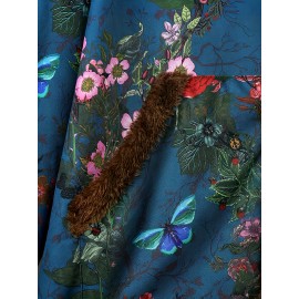 Plus Size, Women's Casual Floral Print Hooded Jacket with Pockets - Plus Size Autumn Winter Coat, Machine Washable Non-Stretch Fabric, Vibrant Blue & Brown Design