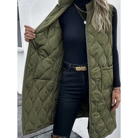 Chic Plus Size Sleeveless Vest - Casual Zip-Up, Warm Puffer Jacket for Women, Solid Color with Stand Collar