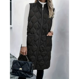 Chic Plus Size Sleeveless Vest - Casual Zip-Up, Warm Puffer Jacket for Women, Solid Color with Stand Collar