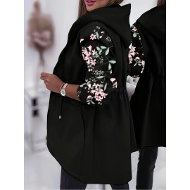 Plus Size, Women's Plus Size Elegant Floral Print Jacket - Black with Zipper Front Closure, Long Sleeve Non-Stretch Coat, Mid-Length Formal & Casual Outerwear for Everyday Special Events, Ladies Jacket, Versatile Clothing, Sophisticated Design, Detailed Cuffs