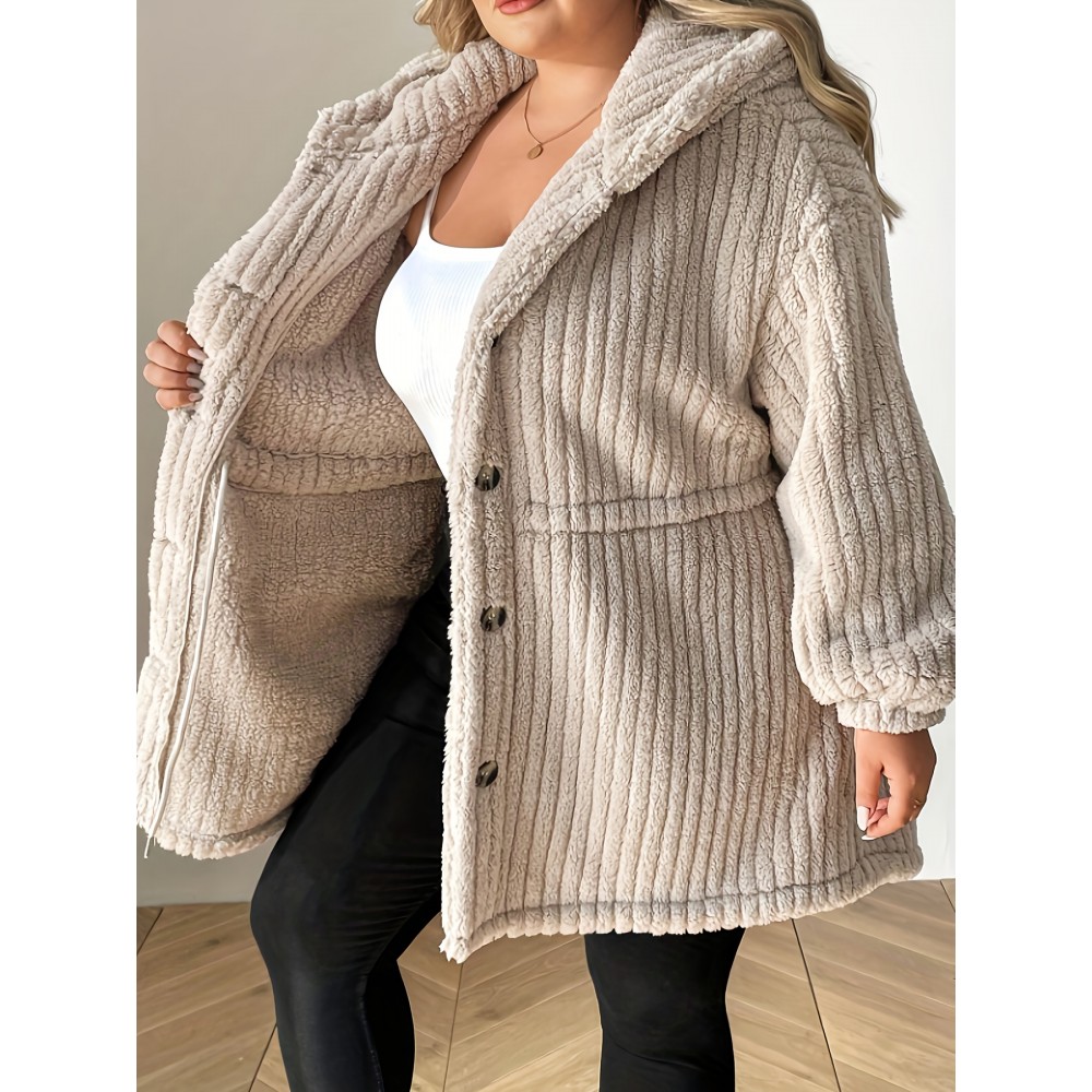 Plus Size - Plus Size, Women'S Plus Size Elegant Teddy Bear Jacket - Cozy Winter Coat with Front Button Closure, Soft Plush & Hooded Collar, Machine Washable (pink) - Casual Outerwear For Cold Weather