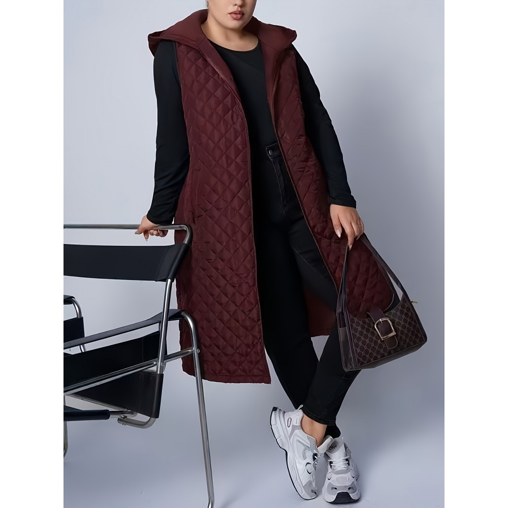 Plus Size, Women's Oversized Burgundy Hooded Vest - Thickened Long Sleeveless Coat with Full-Zip Closure, Machine Washable Winter Warmth, Elegant Casual to Formal Outerwear for Fall & Winter (Plus Size Available) - Solid Burgundy Coat for Women, Knee-Length Design, Relaxed Fit, Chic Hooded Style, Versatile Layering Piece for Casual Attire, Winter Vest for Women Plus Size, Plus Size Coats, Sleeveless Jacket for Women, Womens Curve Winter Vest, Vest for Women Winter